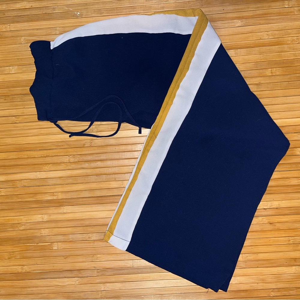 Navy Track Pants with White and Gold Stripes